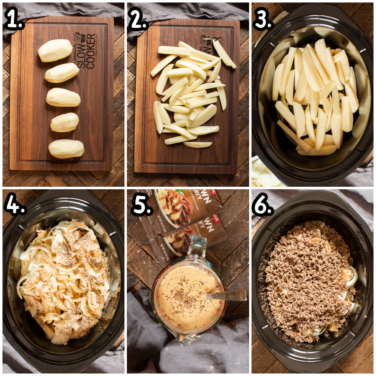 collage on steps to add potatoes, onion, beef, gravy to slow cooker