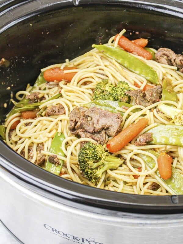 beef chow mein in slow cooker, lots of vegetables