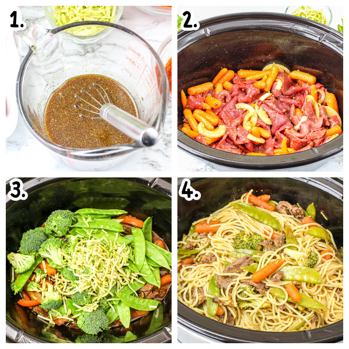 collage of how to make beef chow mein in slow cooker.