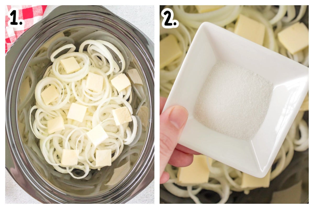 2 steps on how to add ingredients to slow cooker for caramelized onions