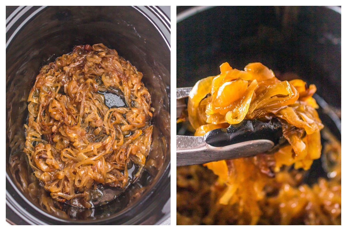 2 images of cooked onions in crockpot
