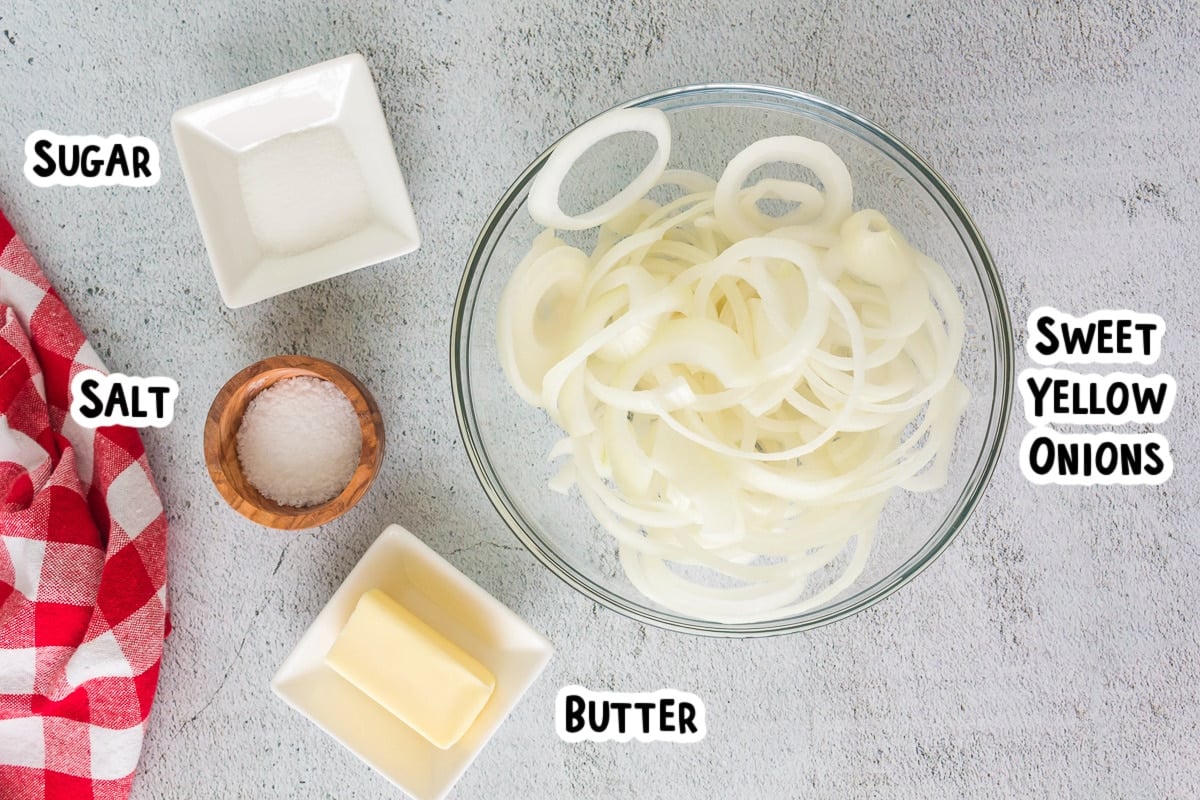 ingredients for caramelized onions on table