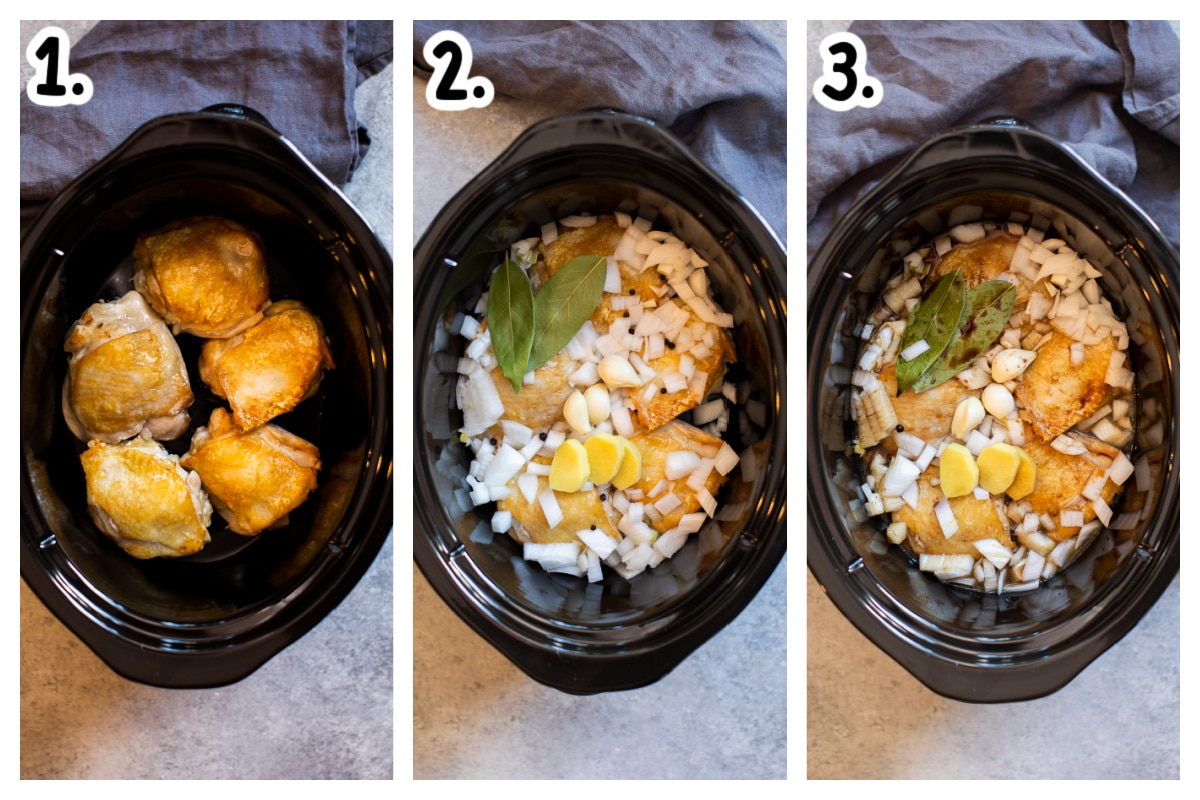 3 photos about how to add ingredients to slow cooker for chicken adobo
