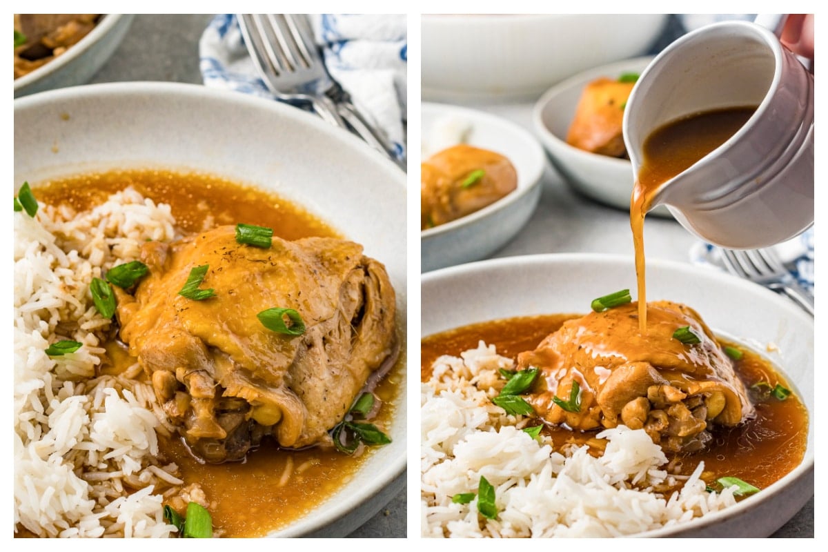 2 images of chicken adobo on plates
