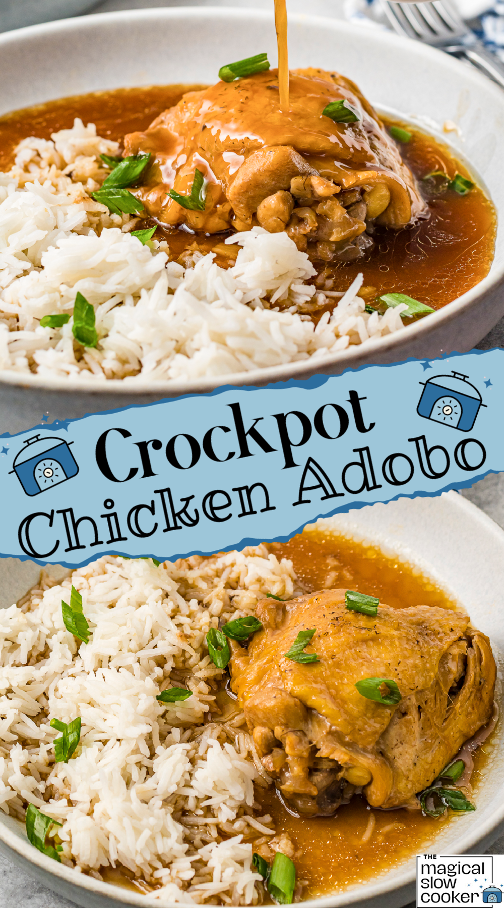 2 images of chicken adobo.
