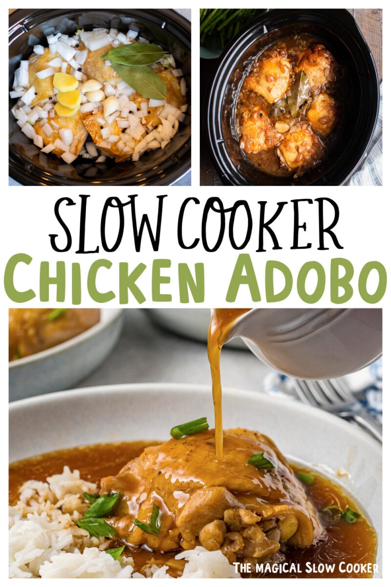collage of chicken adobo images with text overlay for pinterest