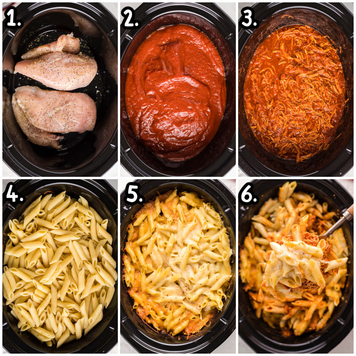 images on how to add ingredients to slow cooker for chicken parmesan pasta