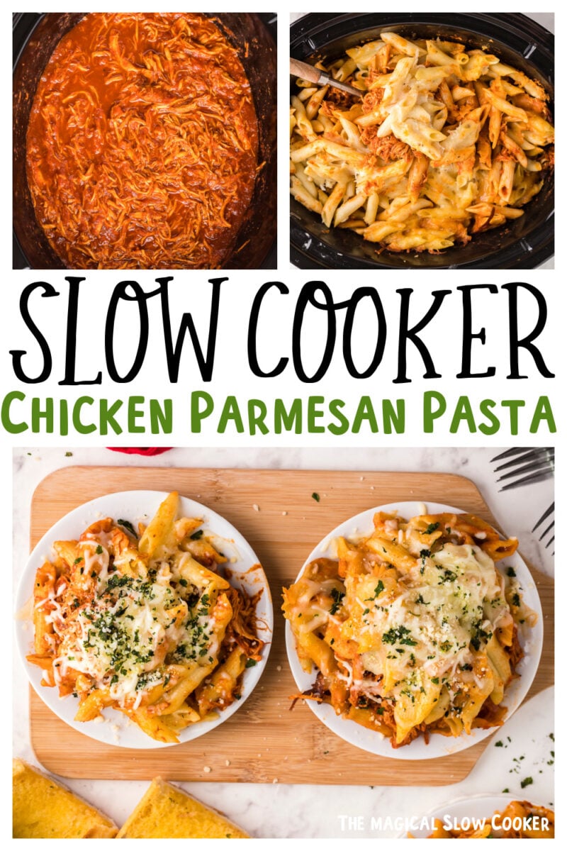 collage of chicken parmesan pasta photos with text overlay for pinterest