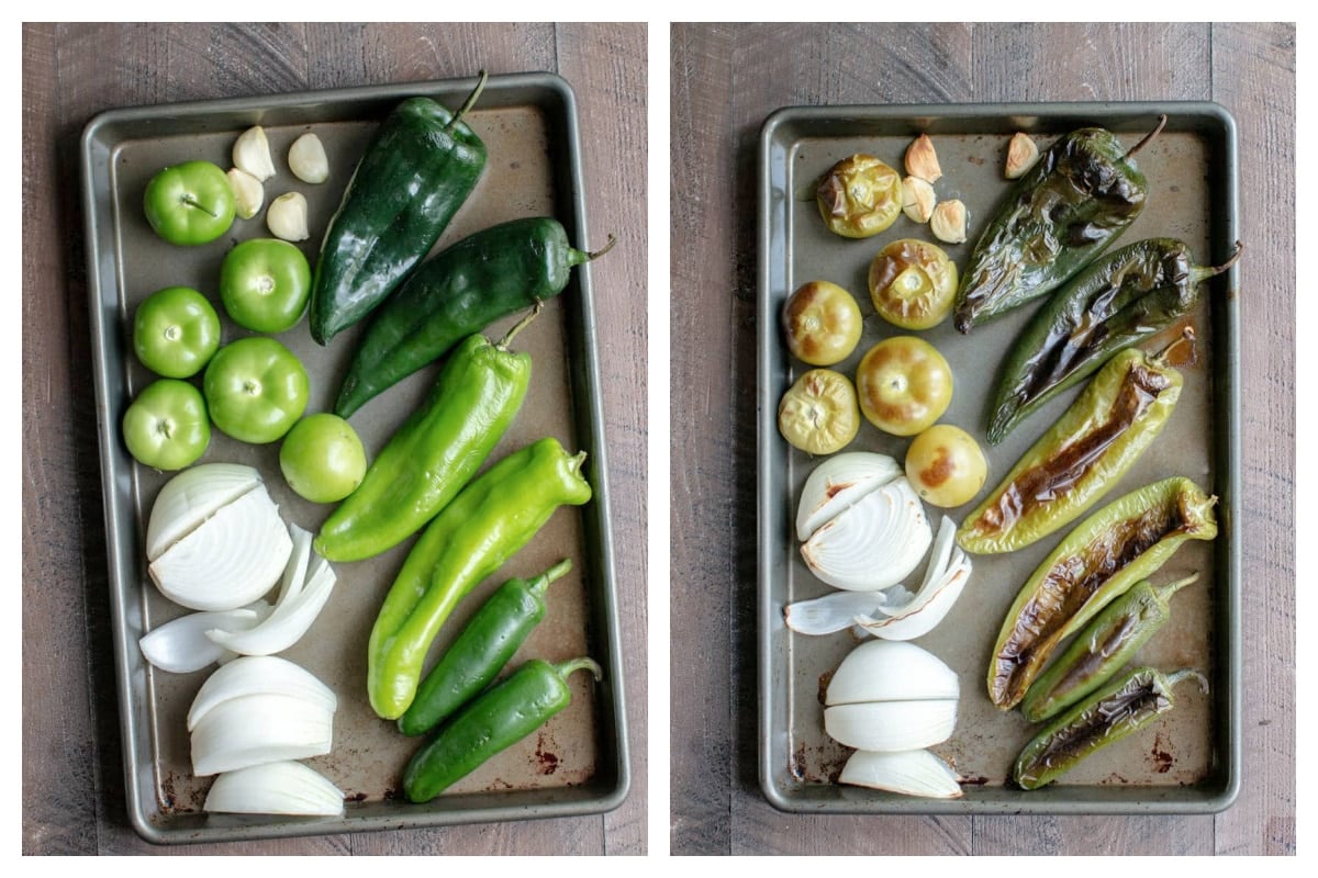2 images on how to roast vegetables for chile verde