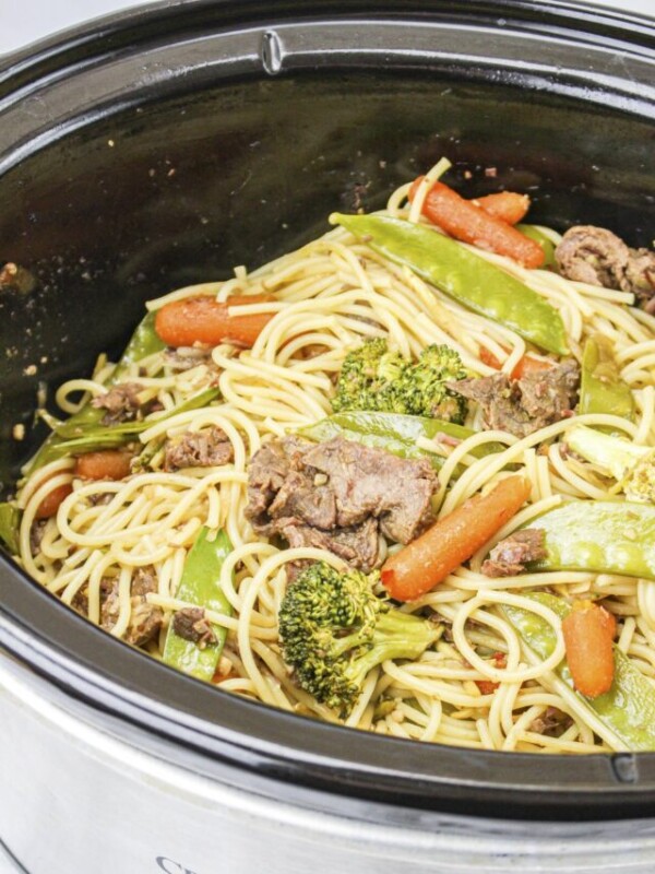 beef chow mien done cooking in the slow cooker.