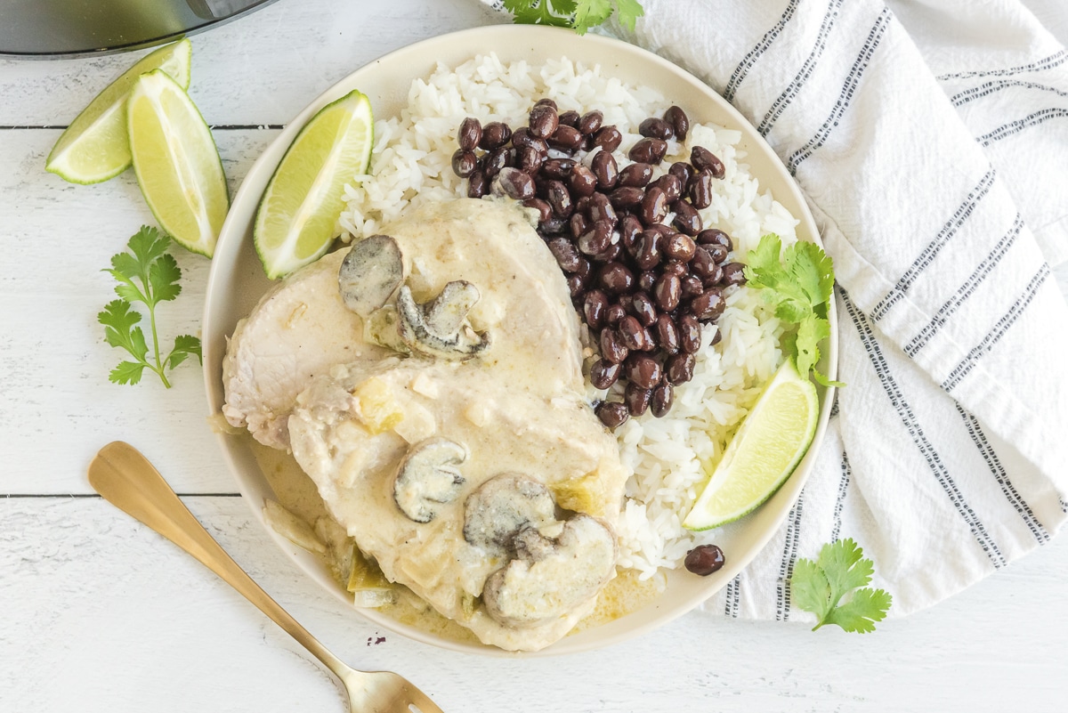 overhead shot of pork loin with rice and beans