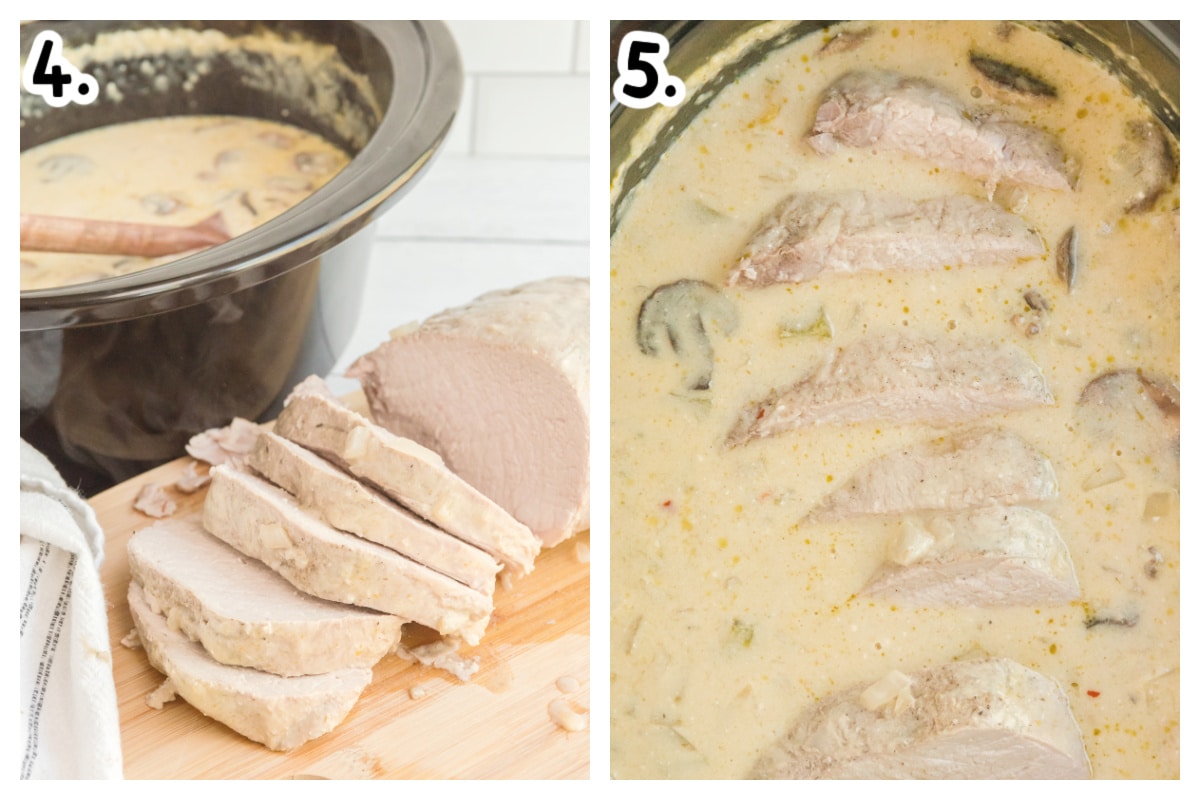 sliced pork loin on cutting board, and pork loin in slow cooker in creamy sauce