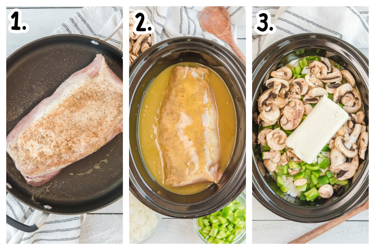 collage on how to brown pork loin and add, enchilada sauce, veggies and cream cheese to slow cooker