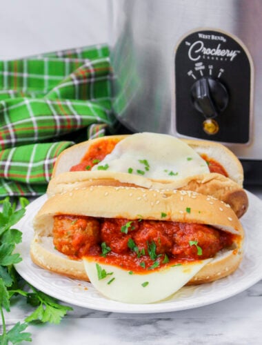 meatballs subs in front of slow cooker
