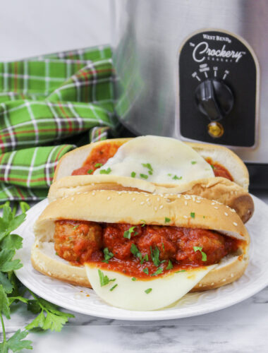 meatballs subs in front of slow cooker