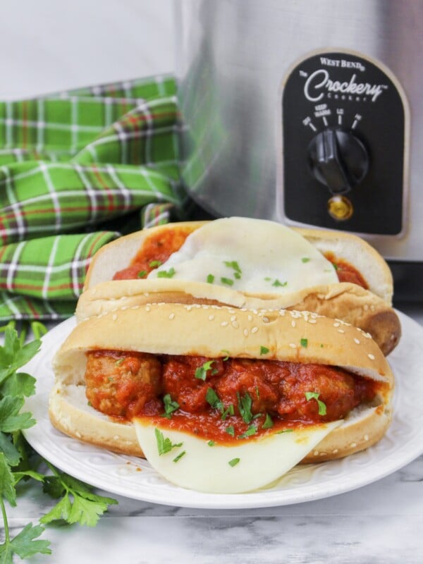 meatballs subs in front of slow cooker