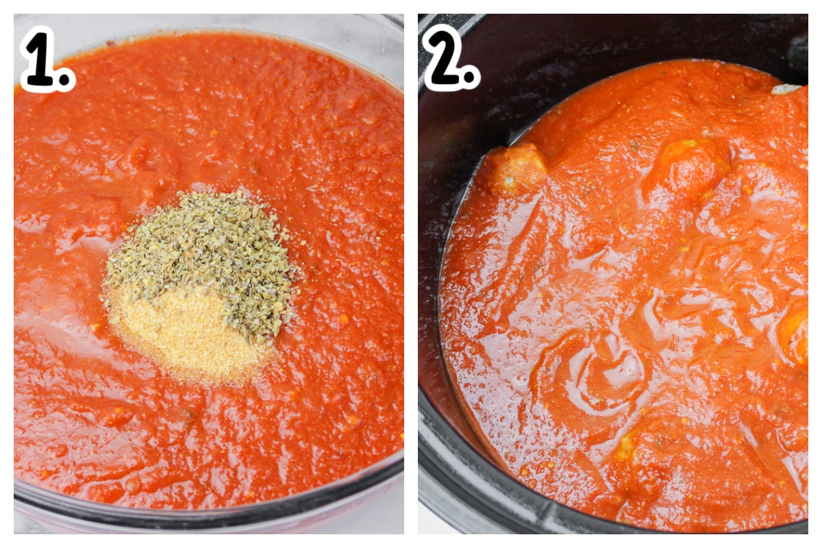 one image on how to add seasonings to marinara and one of marinara and meatballs in slow cooker.