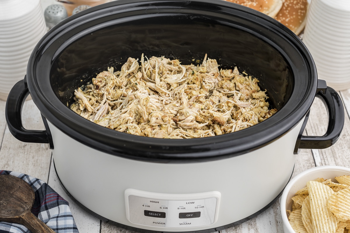 side view of ohio chicken in slow cooker