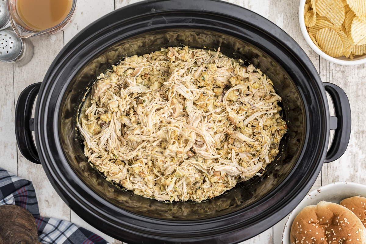 overhead shot of ohio chicken in slow cooker, cooked