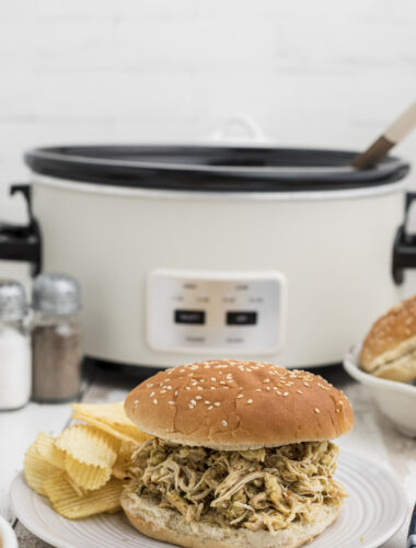 Ohio chicken sandwich with stovetop stuffing in front of slow cooker