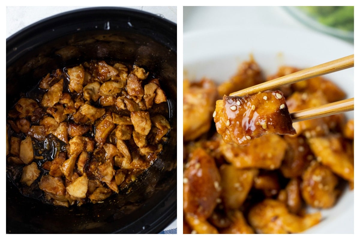 collage of orange chicken in slow cooker and on chopsticks