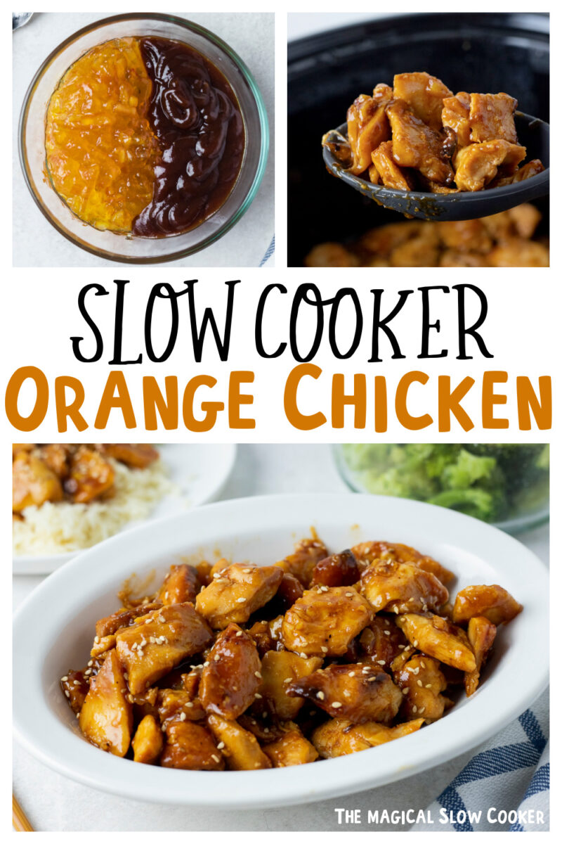 collage of orange chicken with text overlay for pinterest