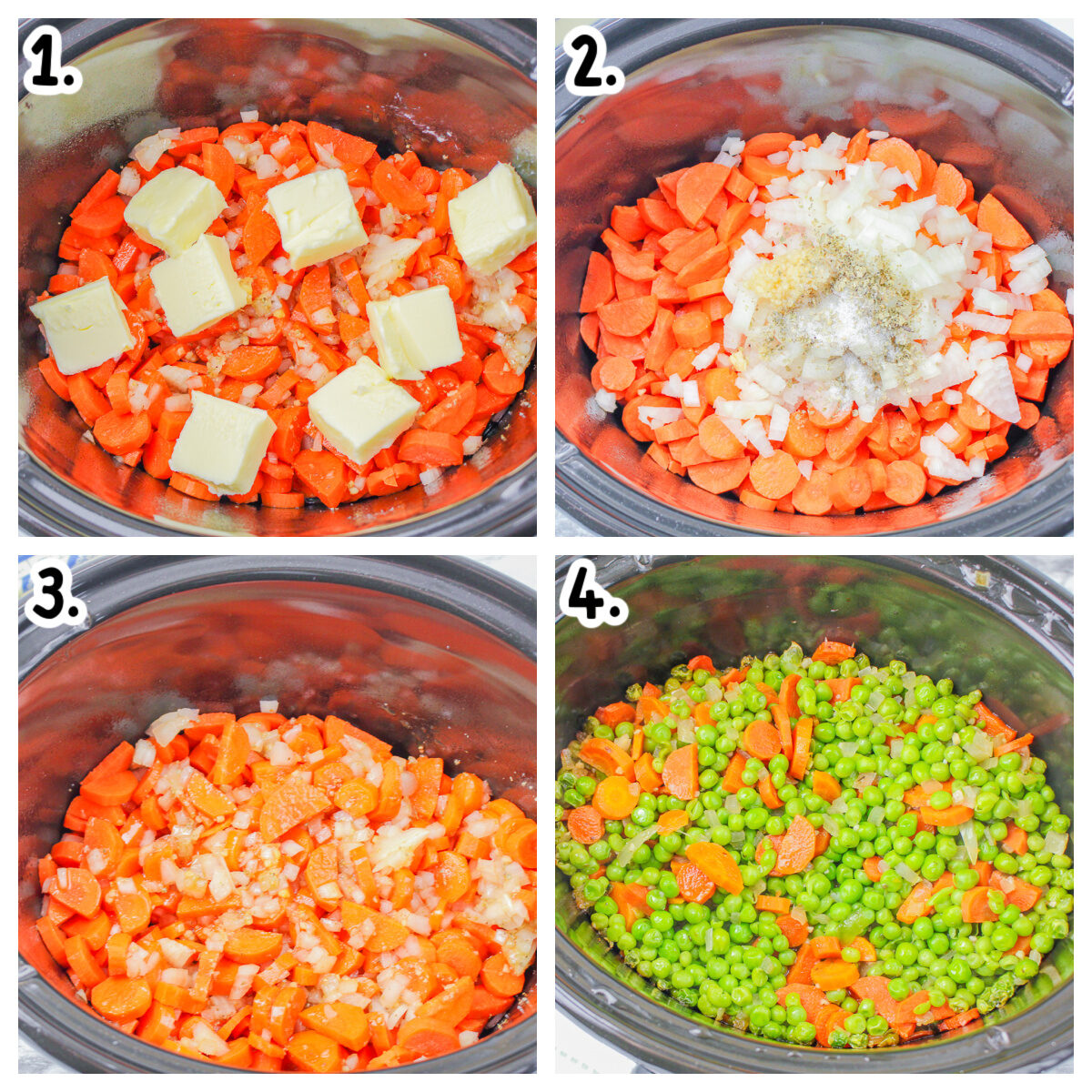 collage of peas and carrots, how to put in slow cooker
