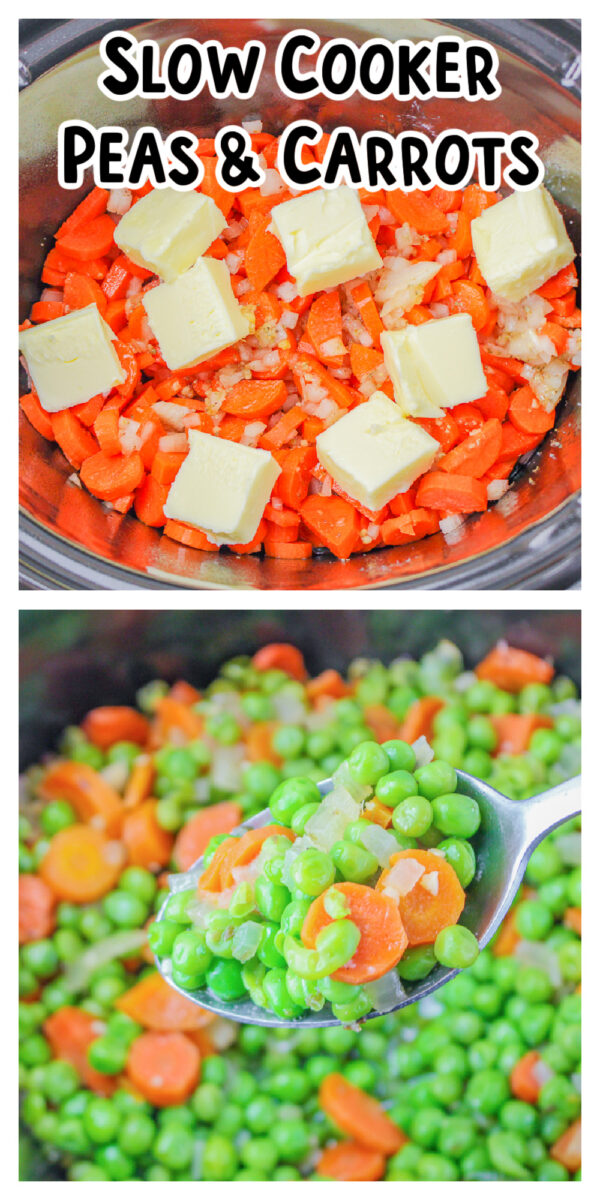 Long image of peas and carrots for pinterest.