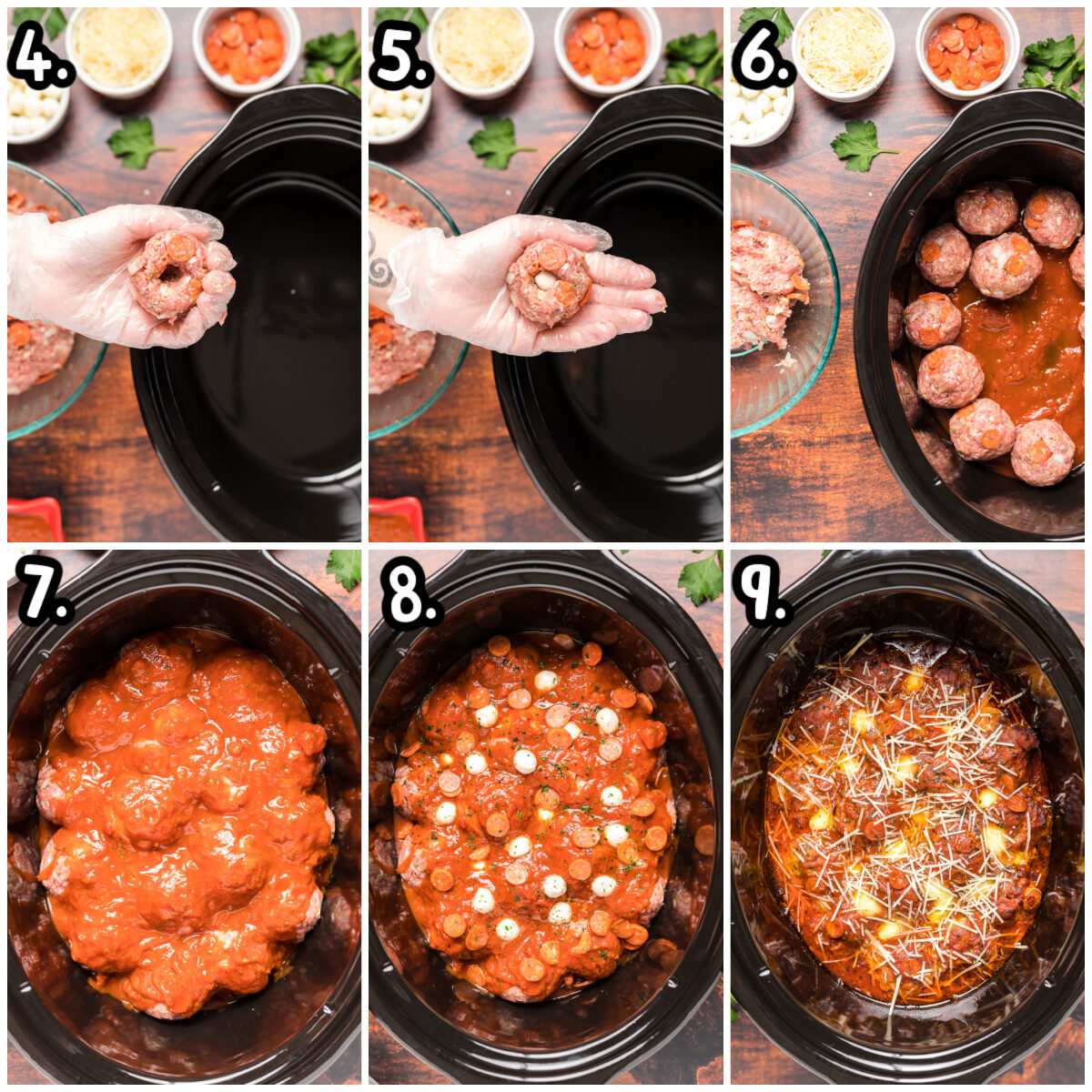 six images on how to form meatballs with cheese inside and adding to slow cooker with marinara