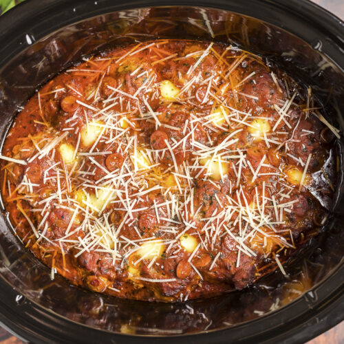 cooked pizza meatballs in a slow cooker