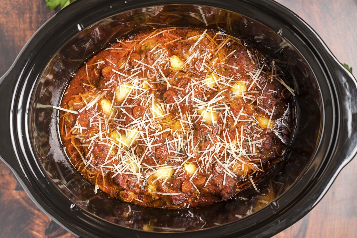 cooked pizza meatballs in a slow cooker