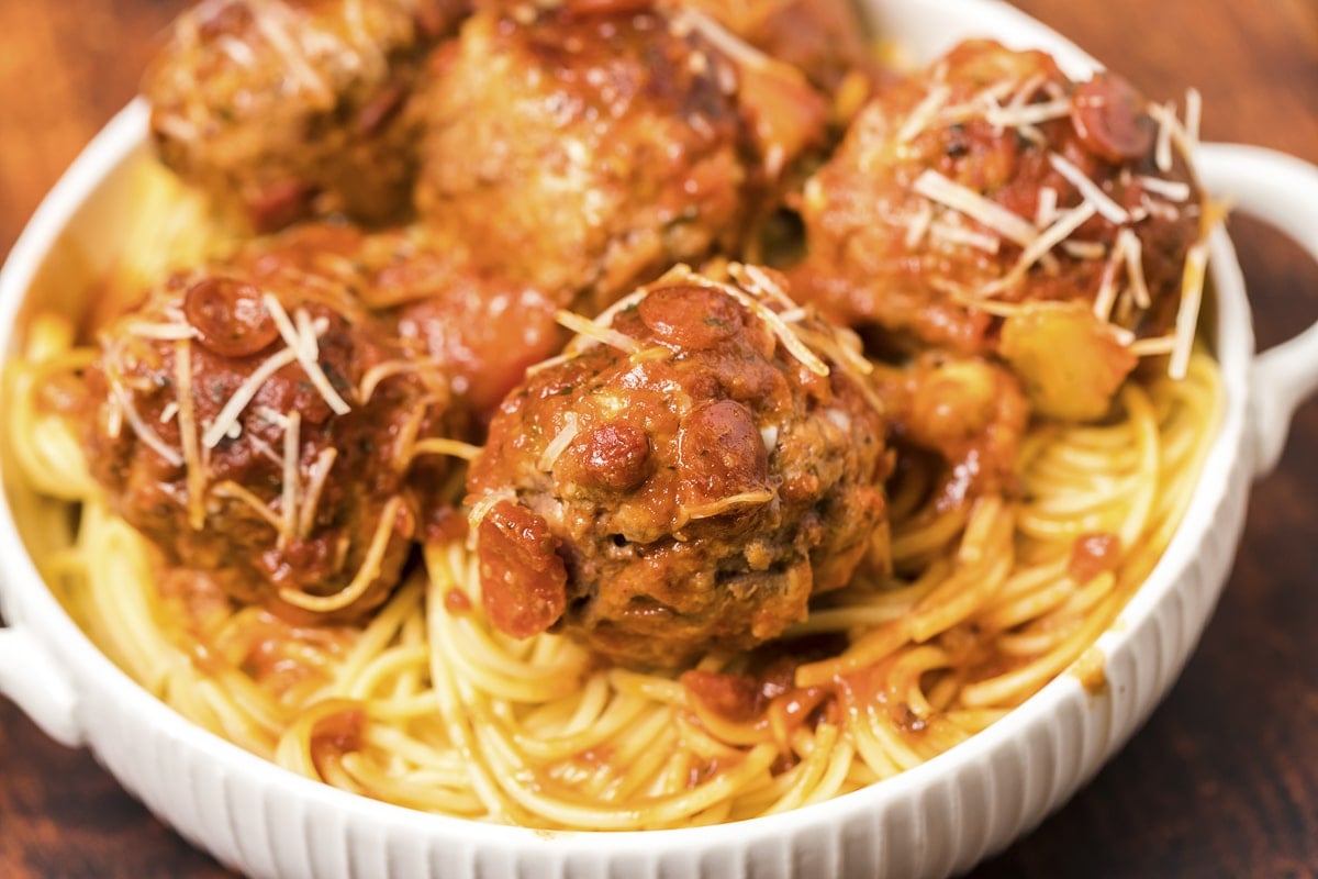 pizza meatballs on spaghetti in bowl