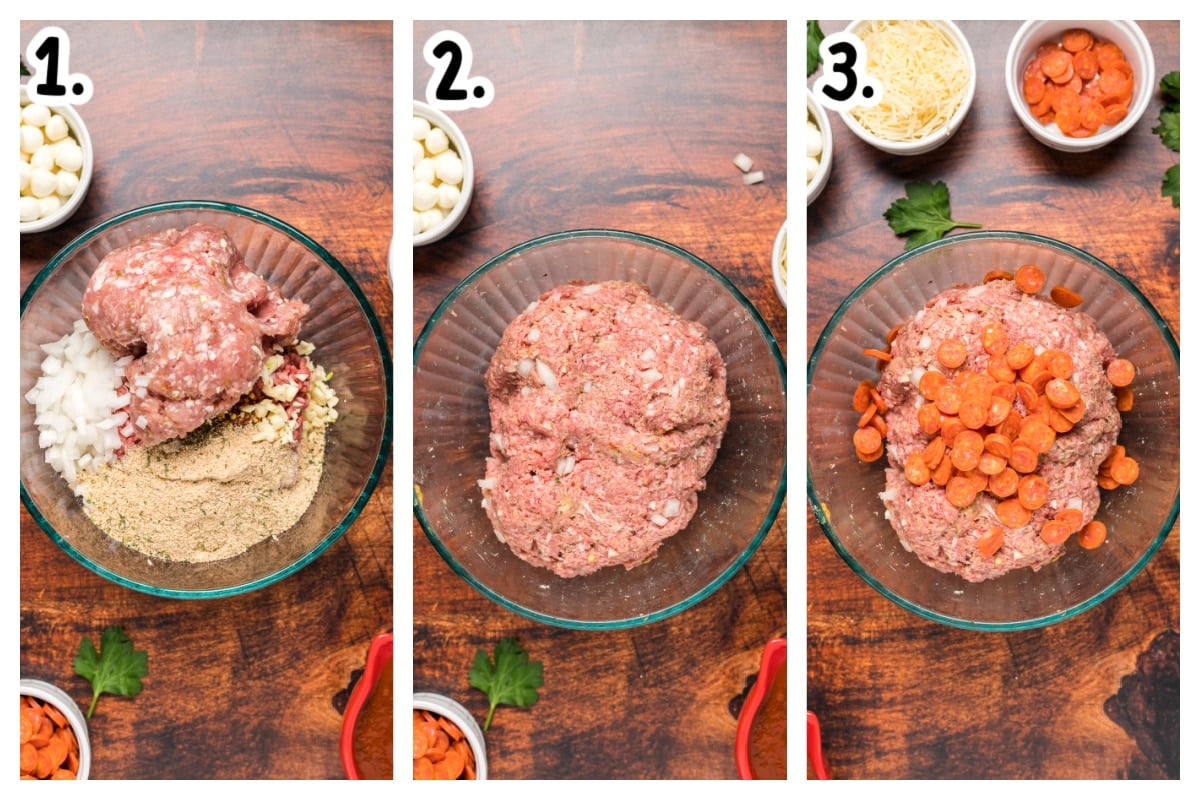 3 images showing how to mix meatball mixture