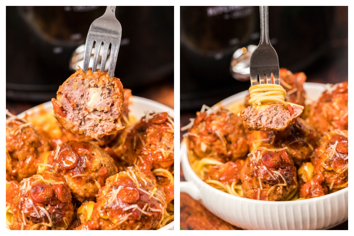 2 images of a cooked meatball on a fork