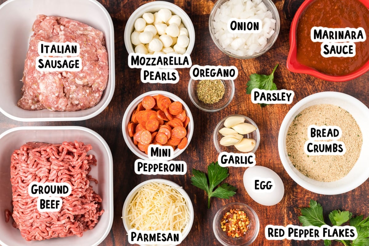 ingredients for pizza meatballs on a table