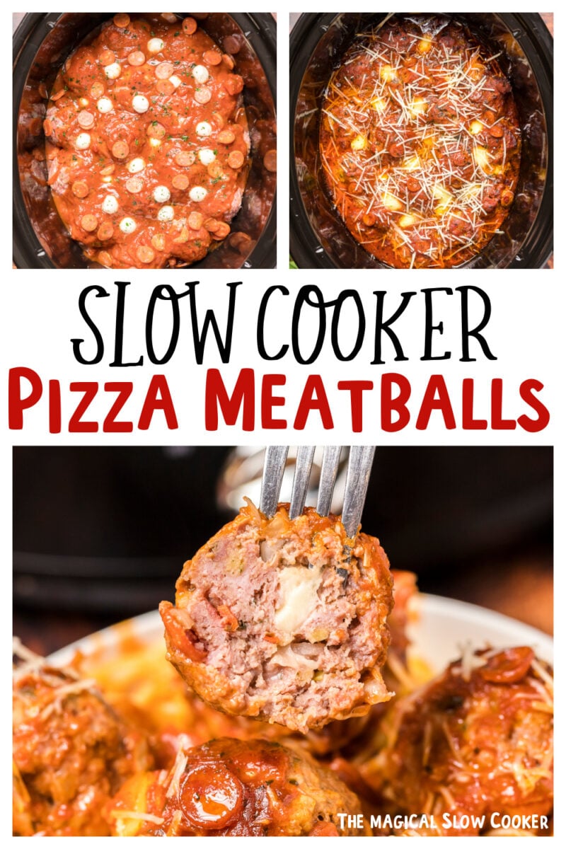 collage of pizza meatballs images with text overlay for pinterest.