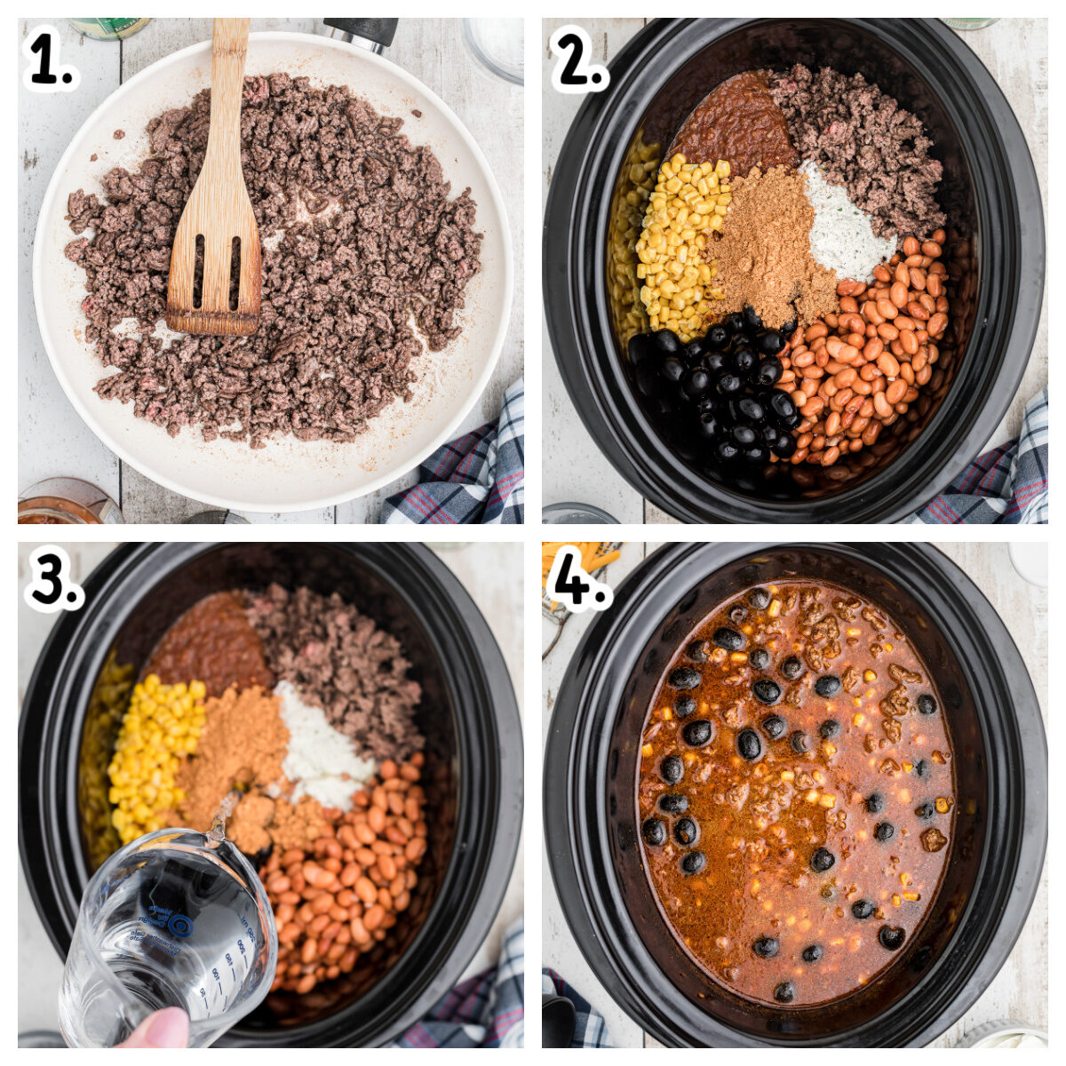 collage of how to add ingredients for taco soup into crockpot