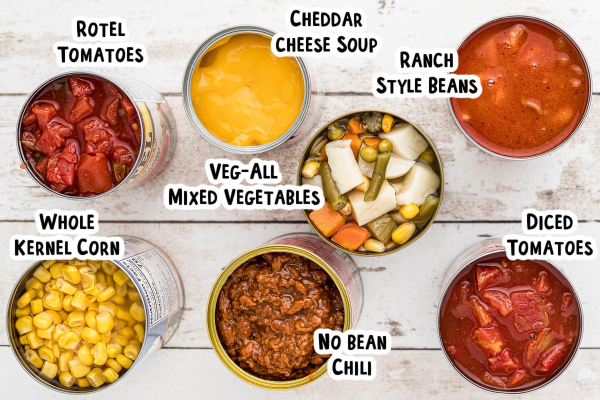 Ingredients for 7 can soup on a table with text overlay.