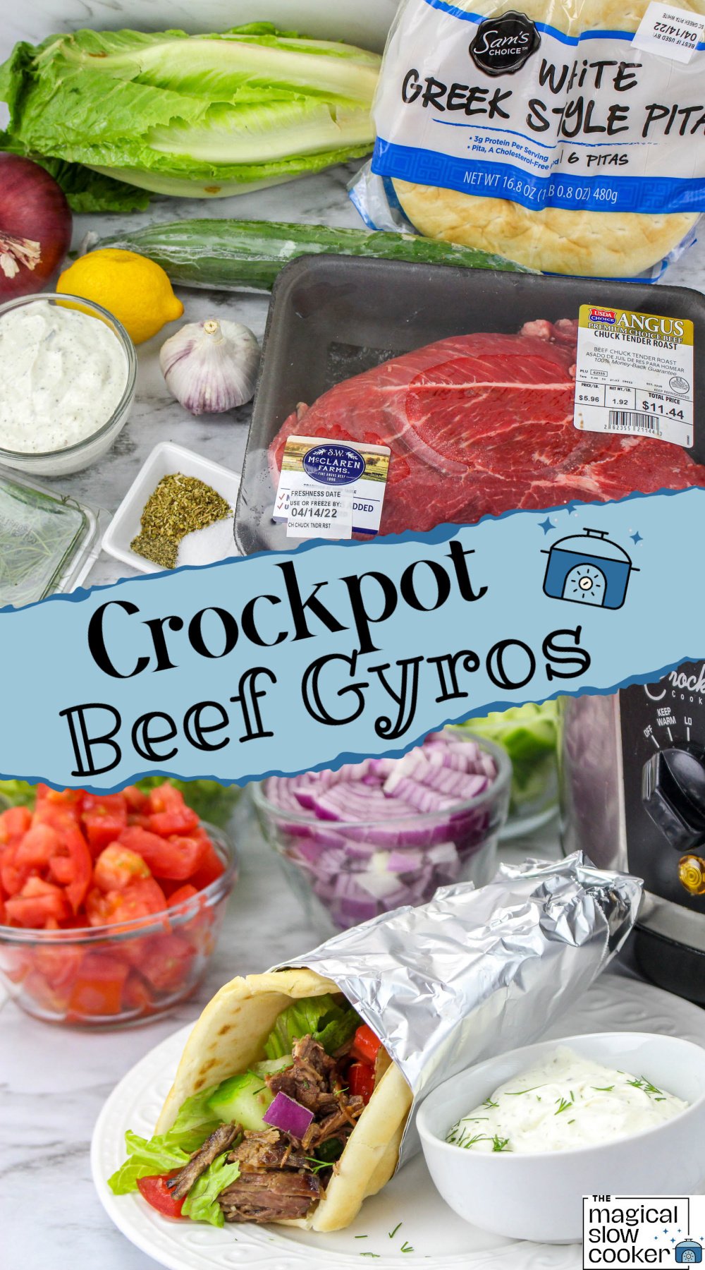 Ingredients for beef gyros and plated gyro with text overlay.