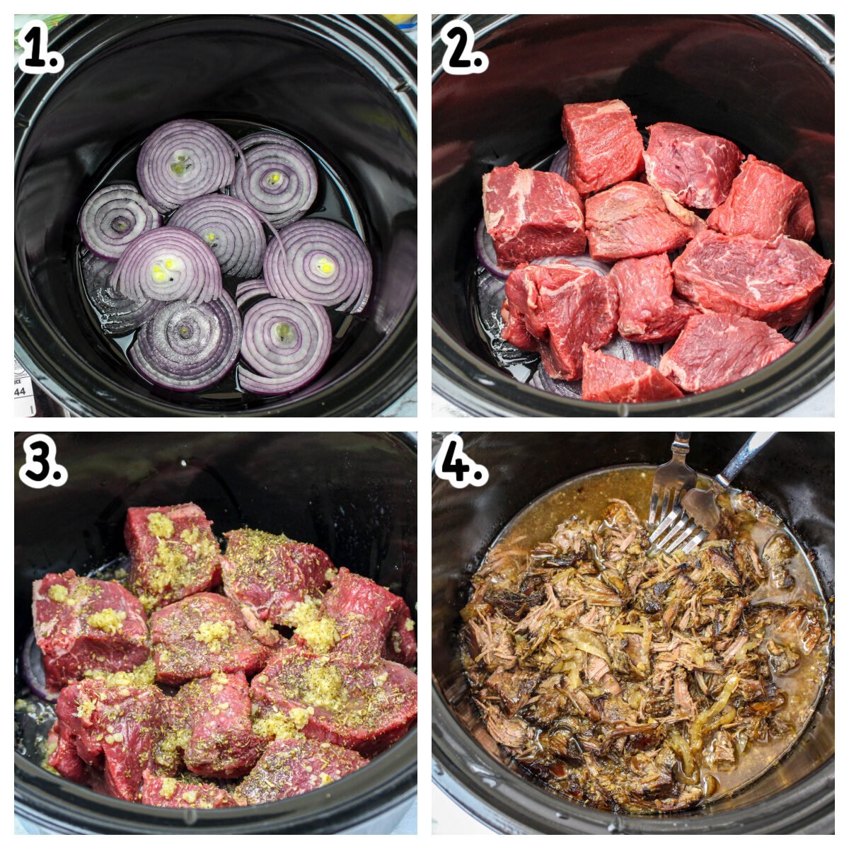 4 image collage on how to add ingredients to slow cooker for beef gryros.