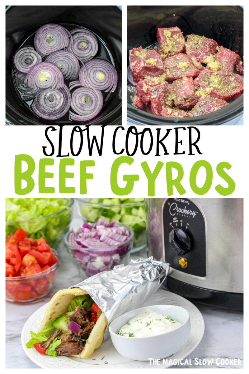 collage of beef gyro images with text overlay for pinterest
