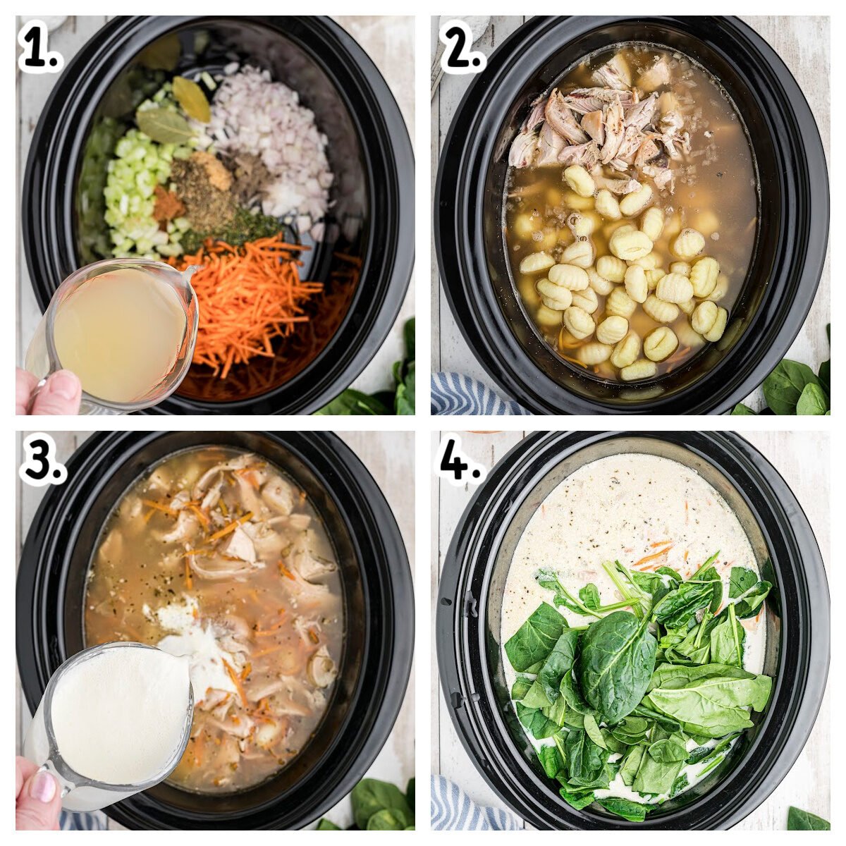 collage on how to make chicken gnocchi soup in crockpot