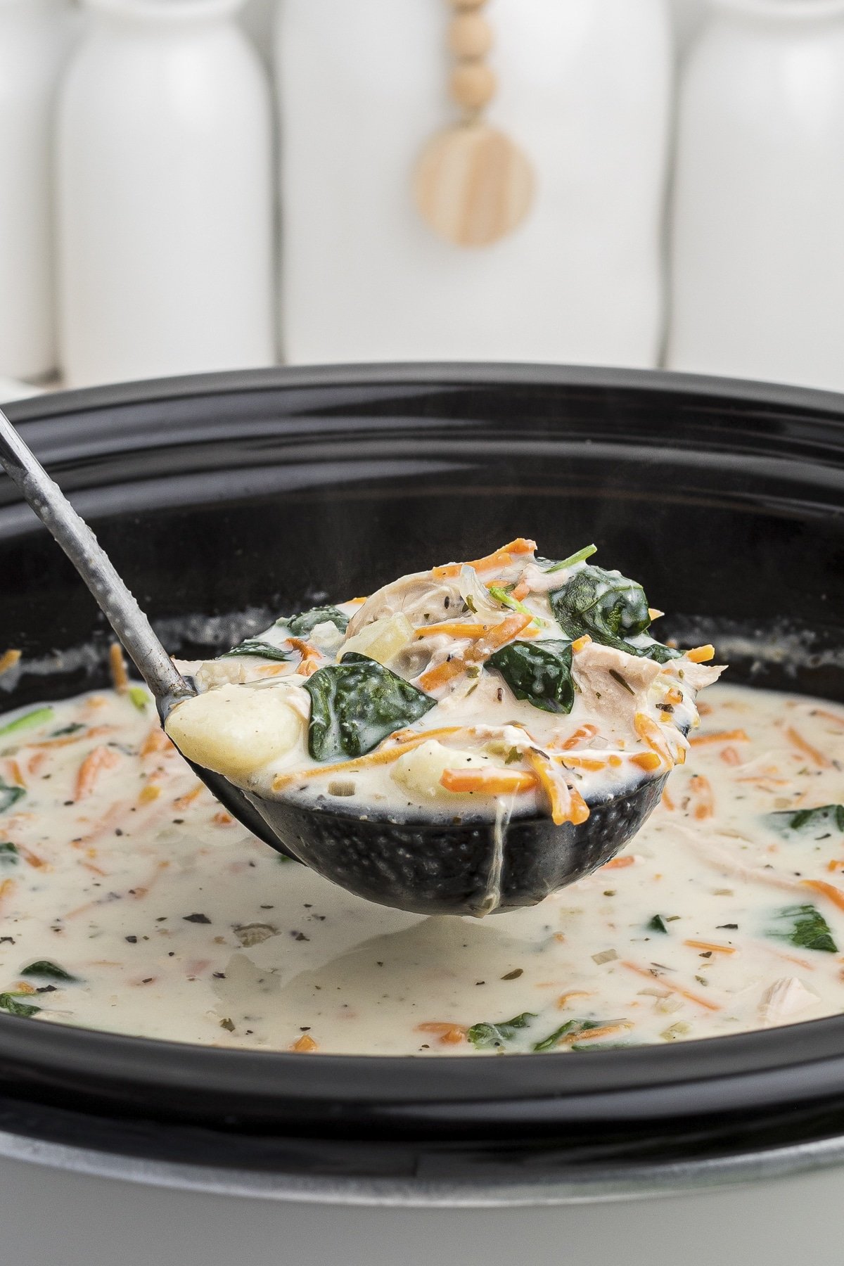 chicken gnocchi soup on ladle.