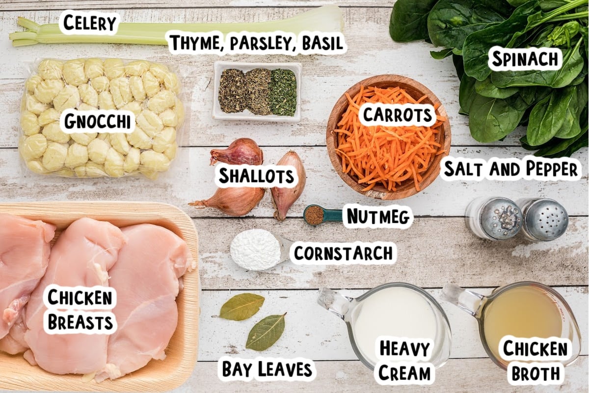 ingredients for chicken gnocchi soup on table with text overlay.