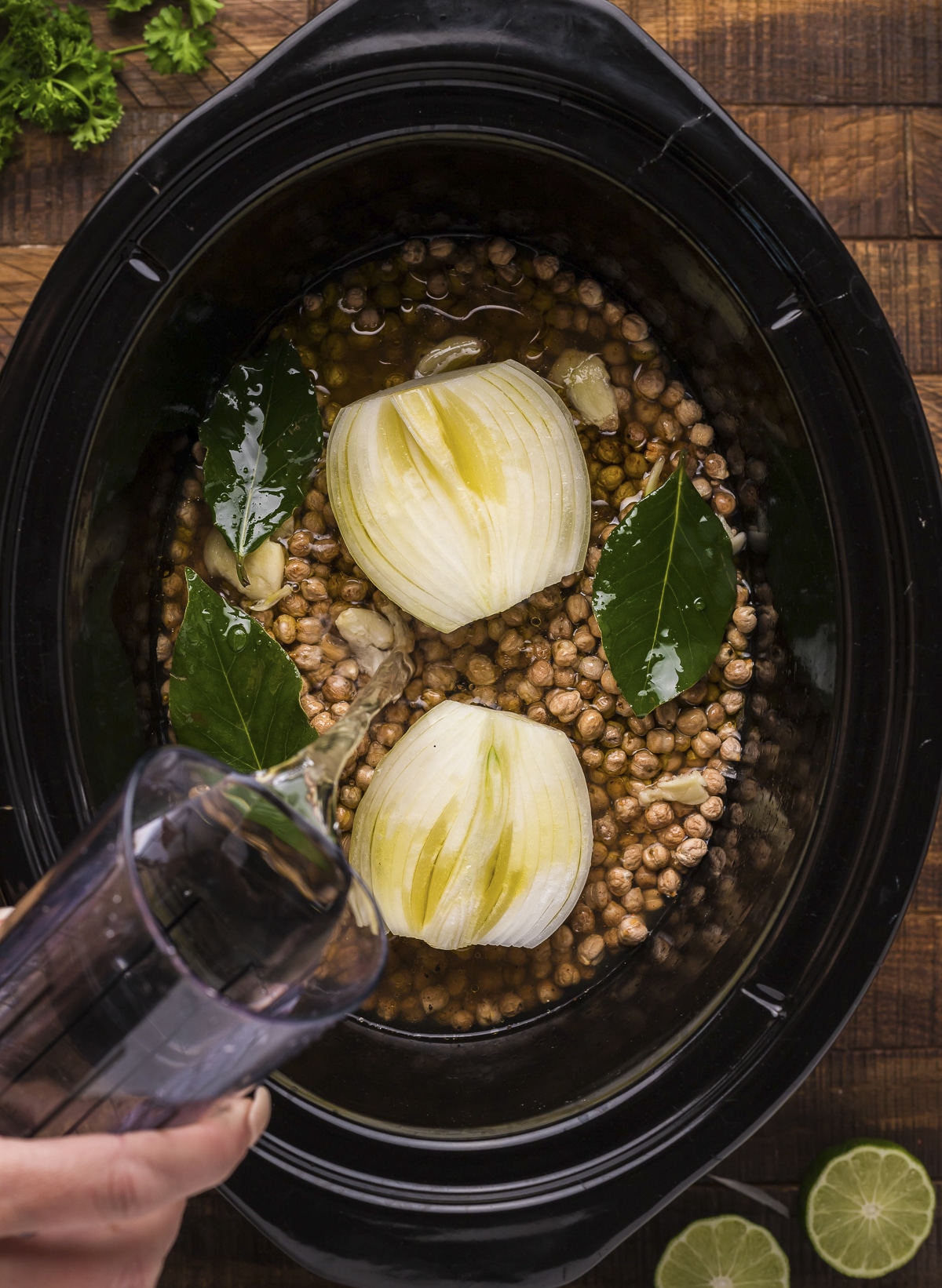 chickpeas, herbs, onion and water