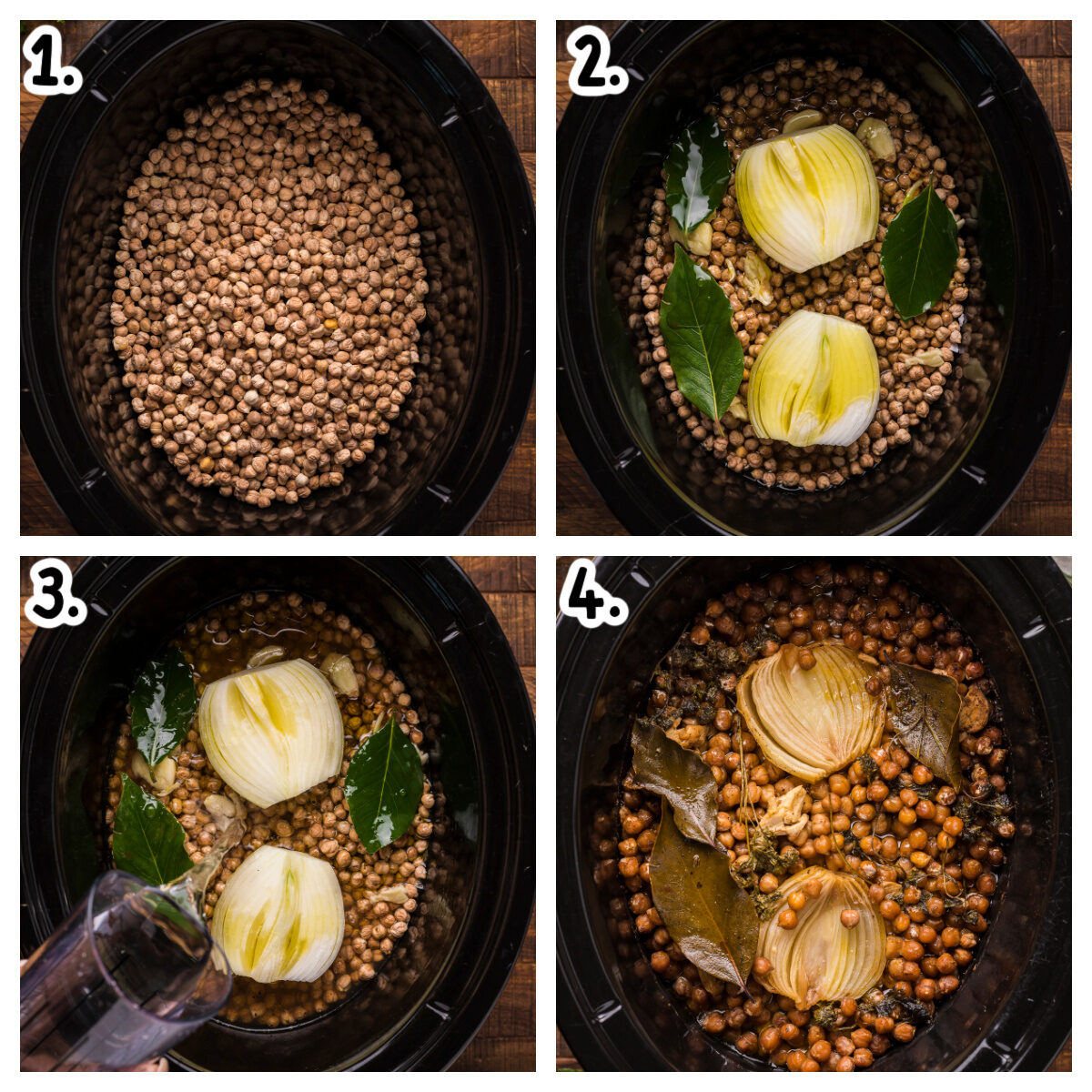 4 image collage on how to make chickpeas in slow cooker.