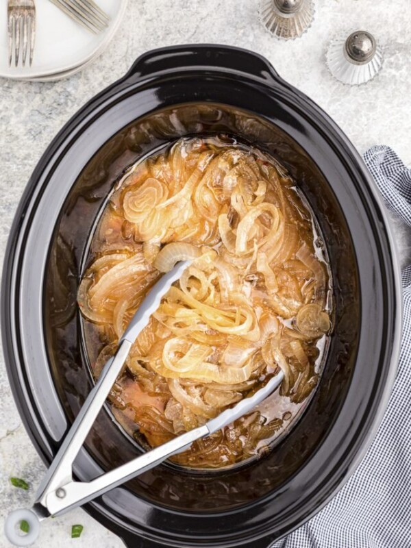 pork chops and onions in slow cooker.