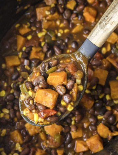 cooked sweet potato chili in slow cooker.