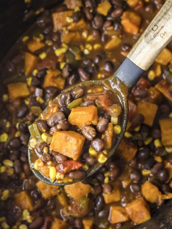 cooked sweet potato chili in slow cooker.