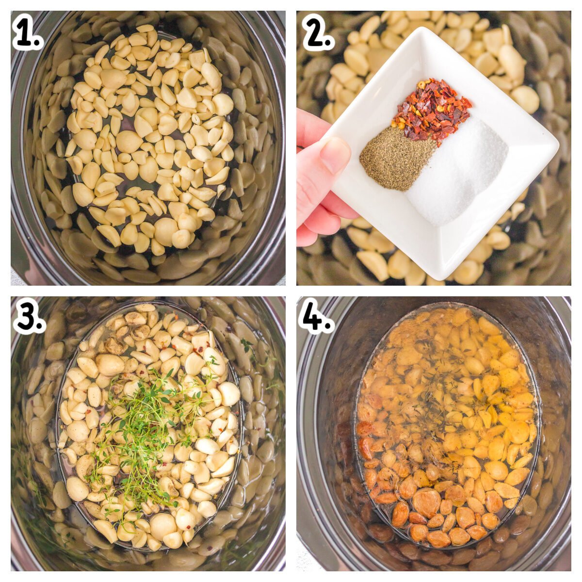 Four image collage on how to add ingredients to slow cooker for garlic confit.